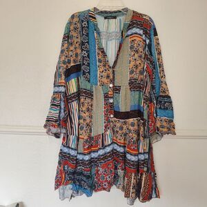 Made In Italy Blouse Boho Patch Tiered Babydoll Viscose Tunic Top Long Sleeve XL